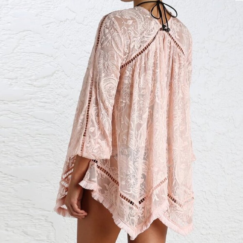 Zimmermann Henna Floating Sheer Fringe Blouse Top Rose Pink Size 0 XS